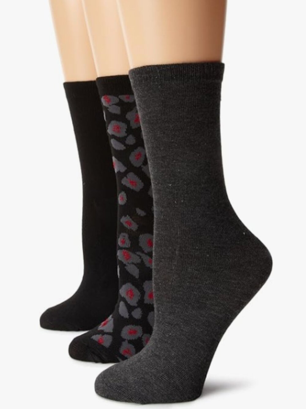 NEW Anne Klein Women's 3-Pair Pack Black/Charcoal/Leopard Crew Socks, 9-11